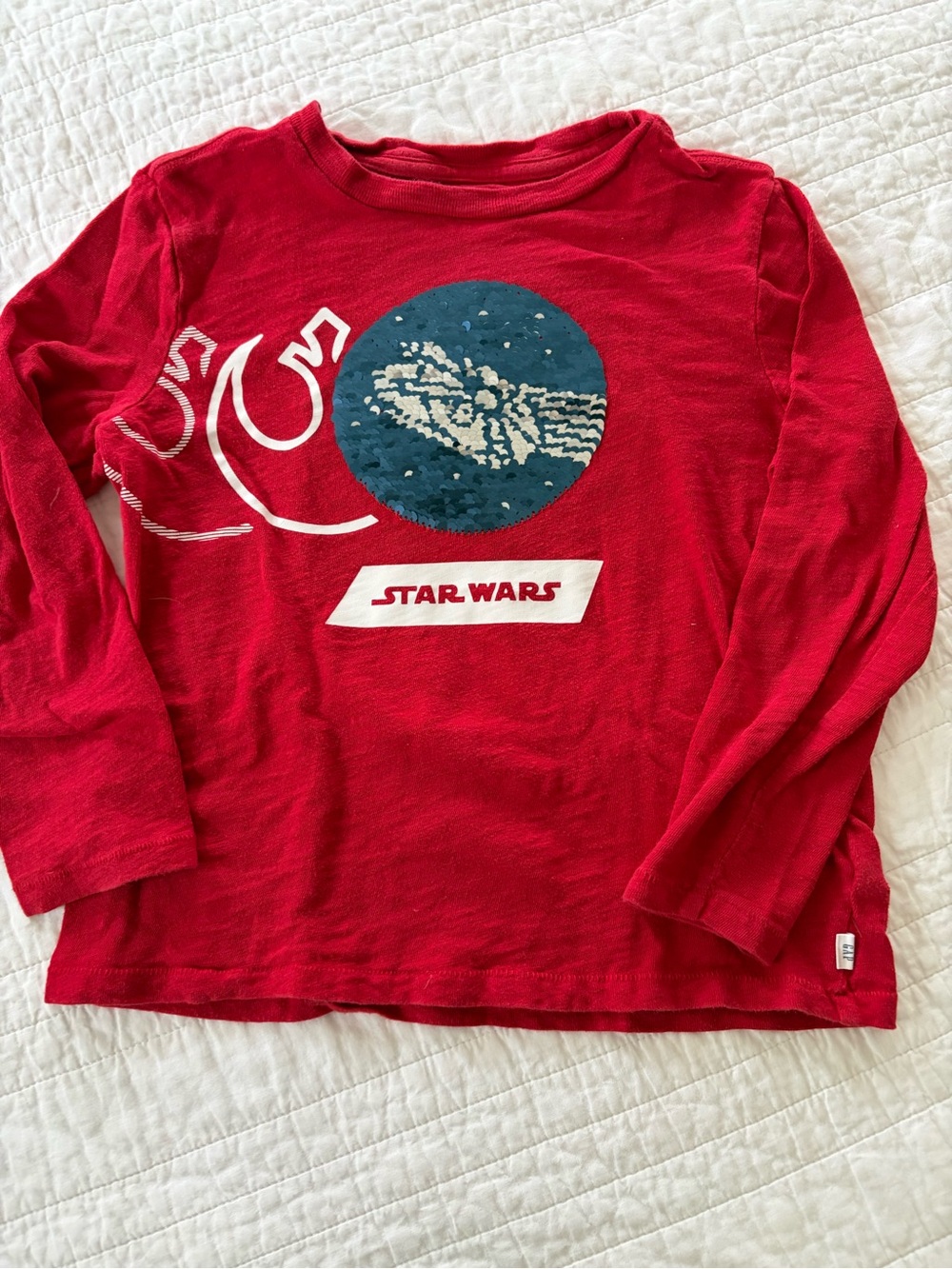 Star Wars Sequin Flip Red Long Sleeve Tee with Blue Graphic